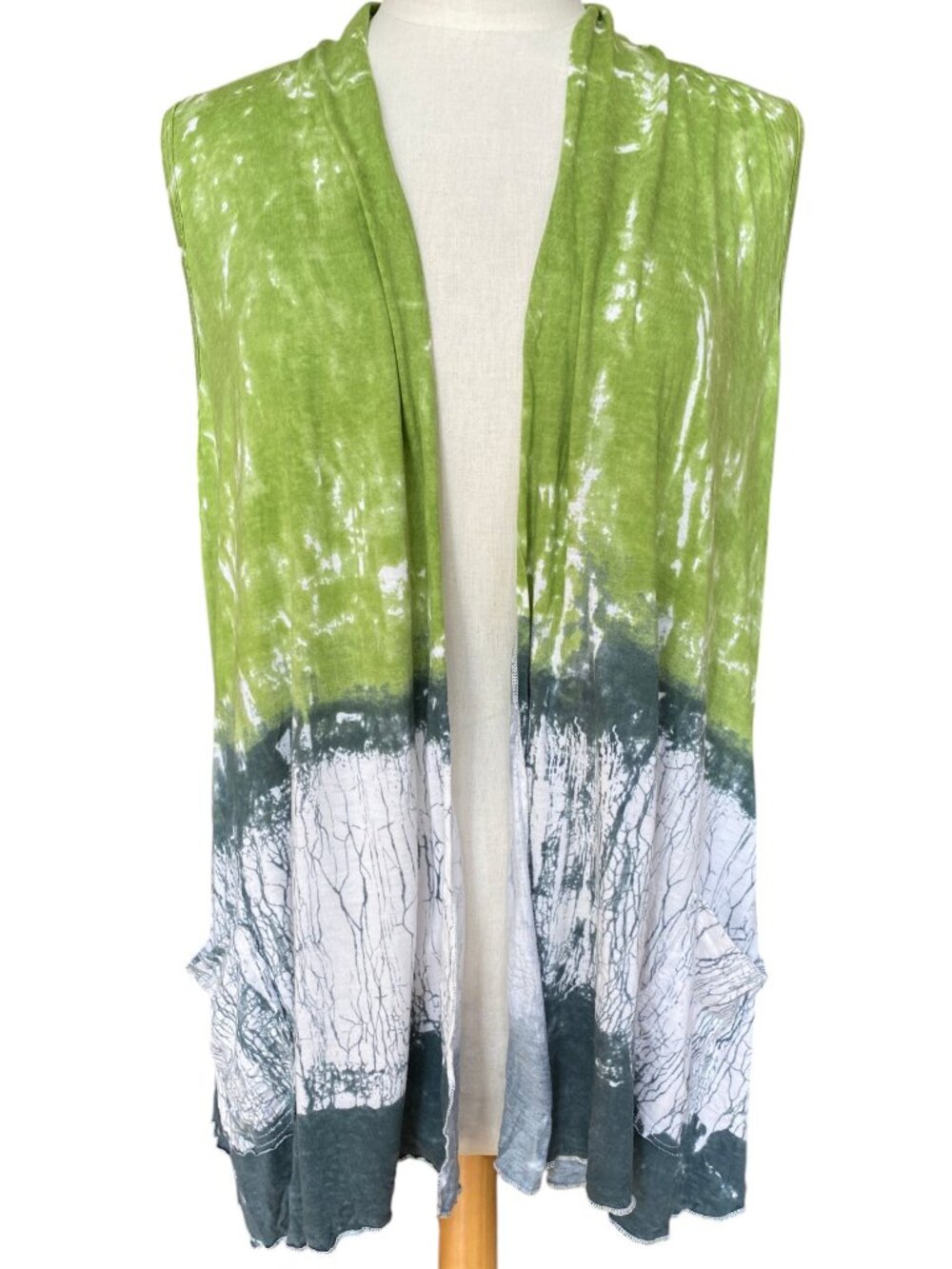 Parsley & Sage Tie Dye Open Front Vest Pockets Green Gray Abstract Maximalist-XL